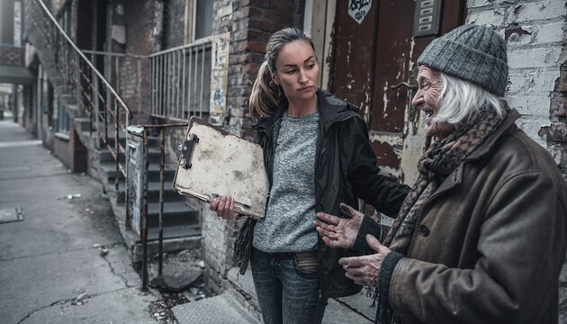 Empathetic social worker interviews a senior homeless man on a gritty city street. Powerful cinematic shot capturing human connection, social advocacy, and urban poverty for outreach projects.