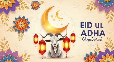 Fototapeta premium Eid Ul Adha Mubarak Banner with Goat, Golden Moon, and Floral Decorations