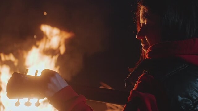 Side silhouette playing guitar by bonfire, warm firelight framing profile, red hoodie and leather jacket visible, slow strumming and ember sparks, intimate nighttime performance, soulful mood