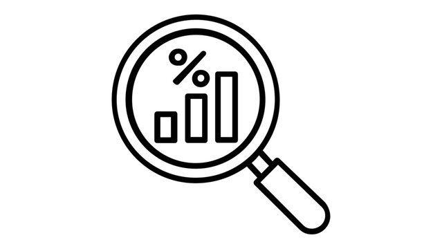 Business data analysis vector icon illustration featuring a magnifying glass focusing on a bar chart and percentage symbol for financial research, statistics, market growth, and analytics.