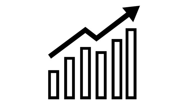 Minimalist black and white vector illustration of a business bar graph with ascending bars and a rising trend line arrow, representing financial growth, success, and positive data statistics.