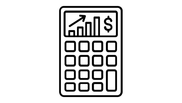 Minimalist vector icon illustration of a calculator showing a rising bar chart and dollar sign, symbolizing financial growth, business accounting, profit analysis, and investment success.