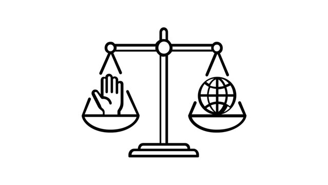 Vector icon illustration of a balance scale weighing a human hand against a global world map, representing human rights, social justice, global equality, ethical business, and legal fairness.