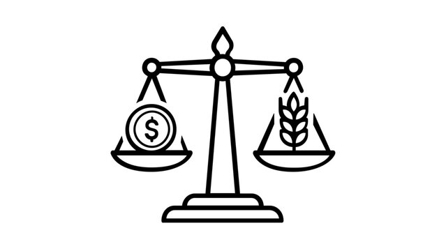 Vector icon illustration of a balance scale weighing a dollar coin against a wheat stalk, representing agricultural economics, food price stability, commodity trading, and financial value.
