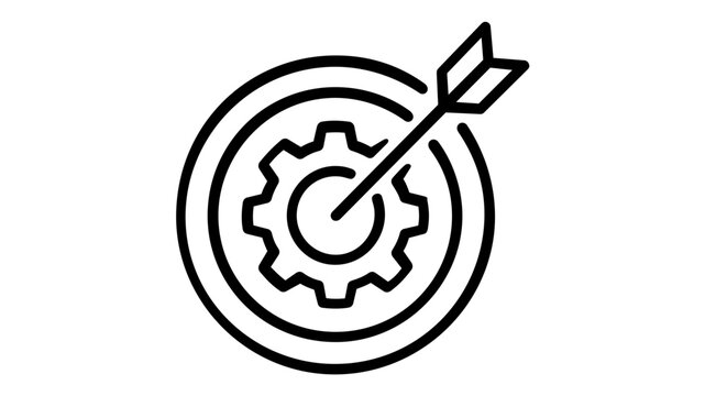 Minimalist vector icon illustration of a target with a gear at the center and an arrow hitting the bullseye, representing business strategy, goal optimization, and technical precision.