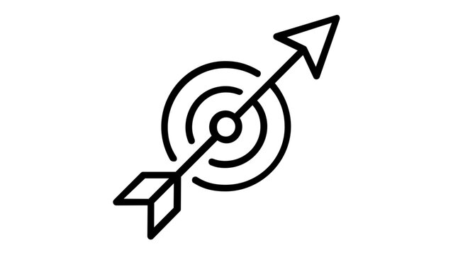 Minimalist vector icon illustration of a target with an arrow hitting the bullseye, symbolizing business success, strategic goals, marketing achievement, and precision in flat line art style.