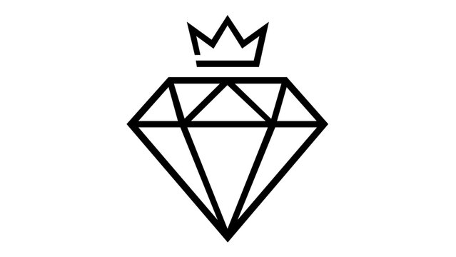 Minimalist vector icon illustration of a diamond gemstone topped with a royal crown, symbolizing luxury, premium quality, wealth, and success in a clean black and white line art style.
