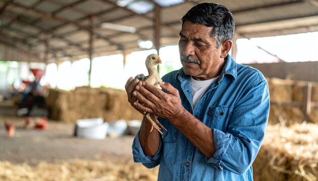 An experienced farmer tenderly holds a baby chick inside a rustic wooden barn. This evocative image captures the essence of animal husbandry, growth, and traditional agricultural care.