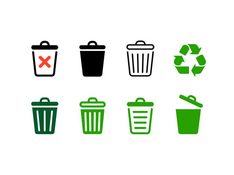 Set of minimalist trash can and recycling in black and green white background waste