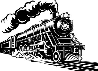 Vintage steam locomotive billowing smoke traveling railroad tracks black and white © Mohammad