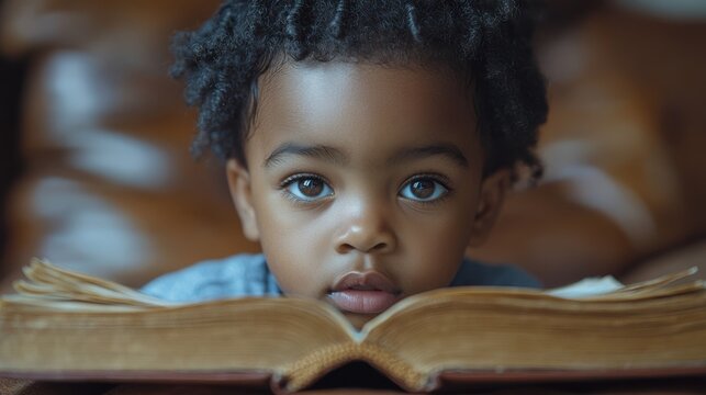 Young child engrossed in a book.