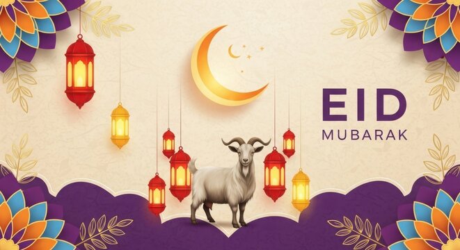 Eid Mubarak Celebration Banner with Goat, Crescent Moon, and Lanterns isolated on Transparent Background