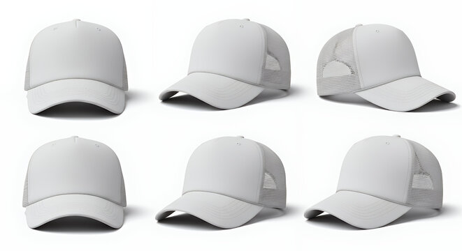 Set of white trucker caps mockup blank empty hats template collection various angles isolated baseball headwear design sport clothing cotton canvas uniform advertise front object side views hat mockup