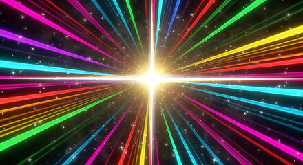 Multicolored light streaks radiating from bright center as an abstract background, dynamic rainbow lines with energy and speed