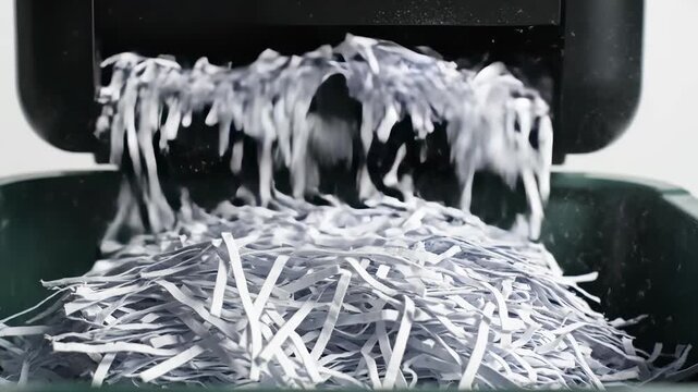 A vibrant modern workspace showcases a flurry of shredded paper cascading energetically into a sleek waste container. Sunlight streams in, creating a lively atmosphere of productivity and creativity.