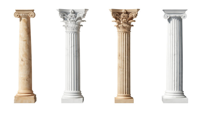 Row of four miniature classical architectural columns with intricately carved Doric and Corinthian capitals in white marble and beige stone isolated on transparent background.