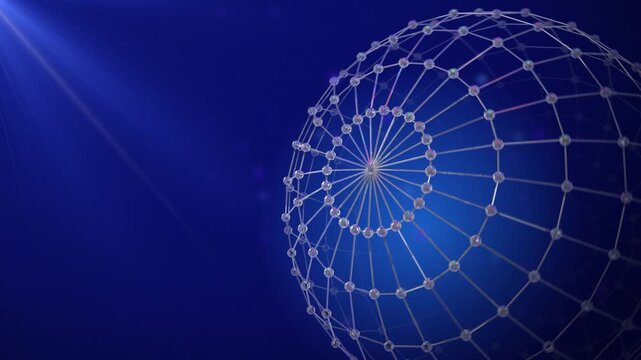 3D polygonal grid sphere from lattice glass rotate in dark cyber space. Technology global connecting net sphere. Futuristic wireframe data concept.