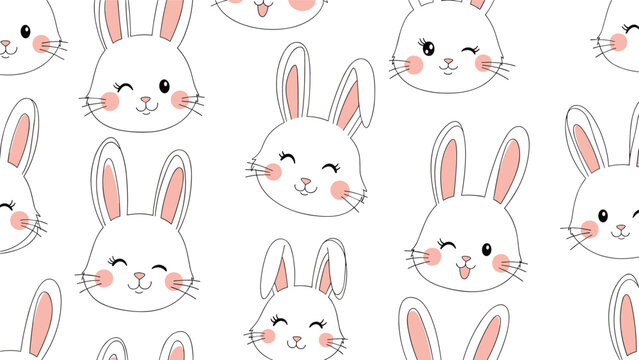 Seamless pattern with cute white bunny faces showing different expressions on white background for kids textile.