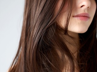 Fototapeta premium 艶やかな茶髪のロングヘアが美しく口元に微笑みを浮かべる清潔感のある女性のクローズアップ