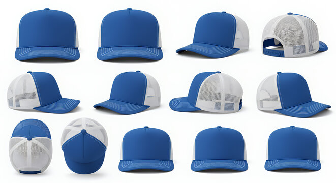 Set of blue and white trucker cap hat mockup template collection various angle isolated cut out object hat mockup mockup cap hat template fashion clothing baseball front sport isolated blank
