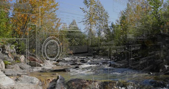 Wireframe overlay fading in from left and drifting right, visualizing data over flowing creek