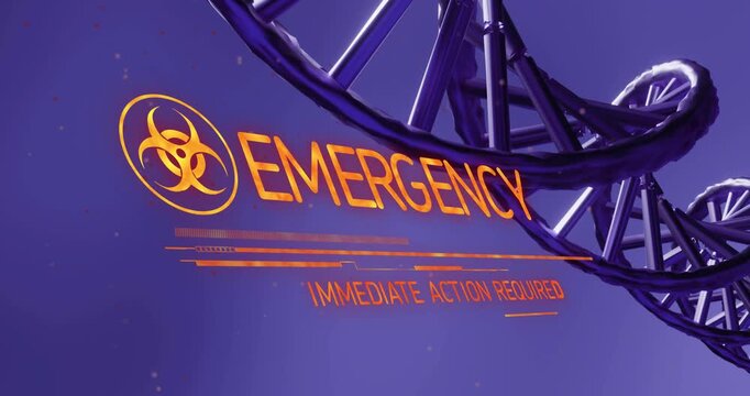 Biohazard emblem appearing triggers stylized DNA helix rotating, HUD expanding to signal emergency