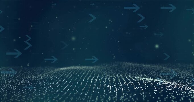 Luminous particle field developing traveling waves after arrow glyphs drifting, showing data flow
