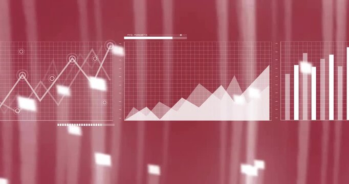 Camera pan activating line chart, nodes pulsing, area layers fading, bars rising to show trends