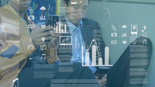 Two commuters tapping phones, overlays appearing shifting and settling into charts showing data
