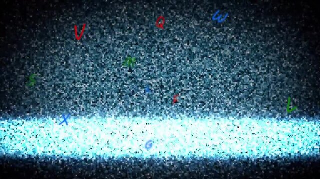 Signal glitching, monitor shifting cyan scanline bands on CRT, showing scattered colored letters