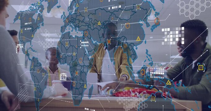 Vertical video: Lead in yellow coat guiding fashion, gesturing papers causing data map over hands