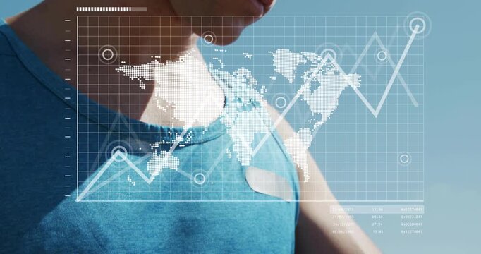 Man tapping watch initiating AR HUD animating map rising graph moving across face showing data