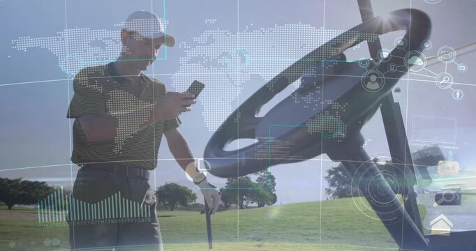 Mature golfer tapping phone on course activating HUD map checking data holding club wheel turning