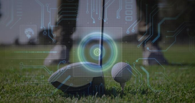 Male golfer with driver preparing, digital reticle locking onto ball, starting swing for accuracy