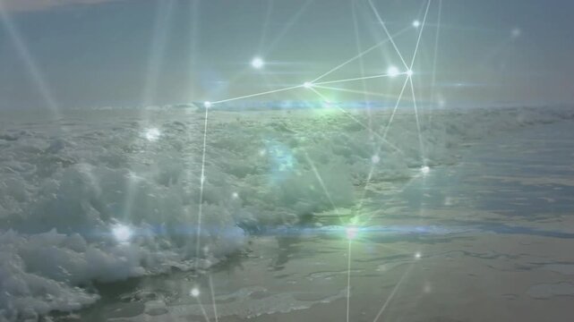 Camera closing in, surf rising while network overlay pulsing with sunlight flares for tech demo