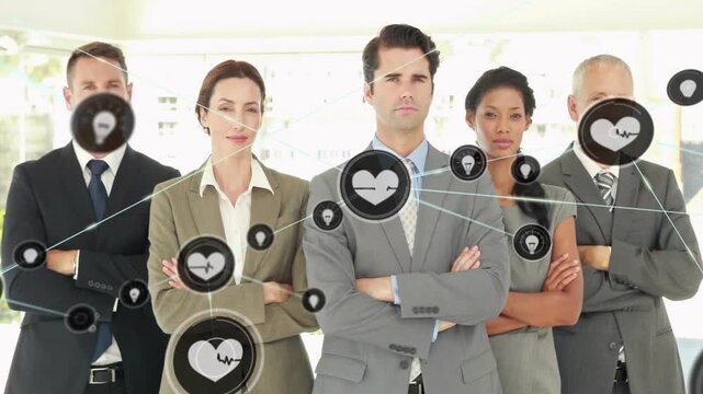 Business team in lobby heart HUD appearing expanding network showing links over torsos ECG bulb pin