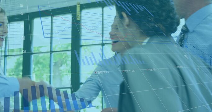 Business team reviewing data causing charts over windows others joining shaking hands closing deal