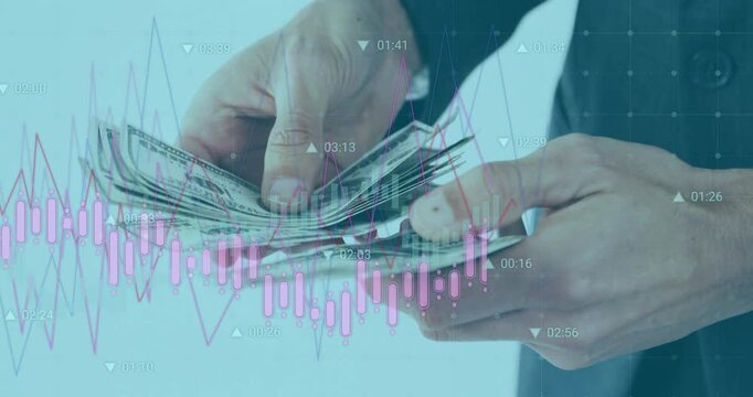 Vertical video: Hands fanning, counting cash for finance, pink candlestick and thin line overlaying