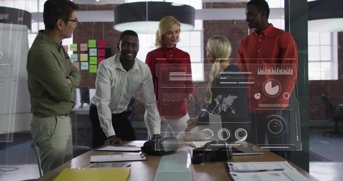 Five colleagues forming semicircle while lead speaking, HUD and VR highlighting business metrics