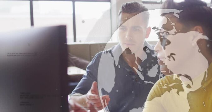 Team leaning, pointing at screen, reacting while globe overlay moving over faces for work review