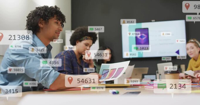Man presenting swatches in design meeting, making animated badges and counters cover table and app