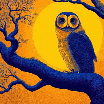 Bold Owl Illustration in Navy and Amber at Night With Moon in Background on Tree Branch, Showcasing Risograph Art Style