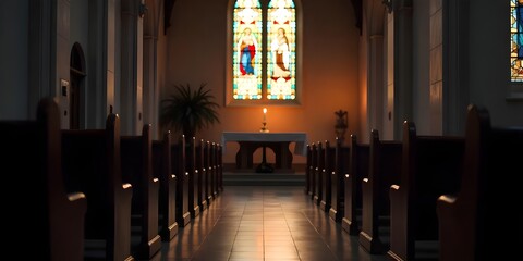 Church sanctuary with rows of wooden pews, altar, and stained glass window illuminated by candlelight, interior design, religious building, worship service