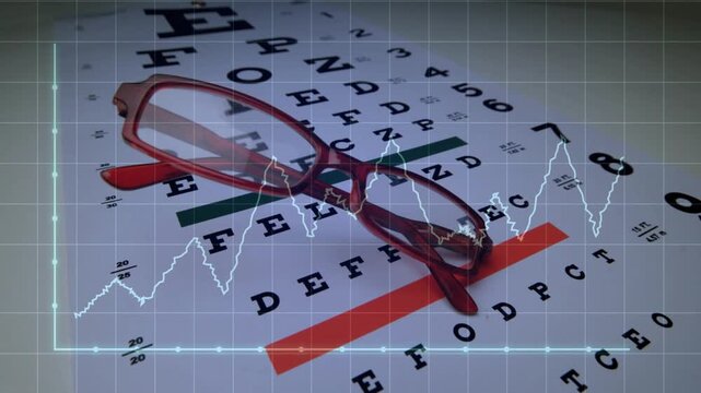 Waveform starting across glowing frame nudging red eyeglasses on eye chart, visualizing vision data