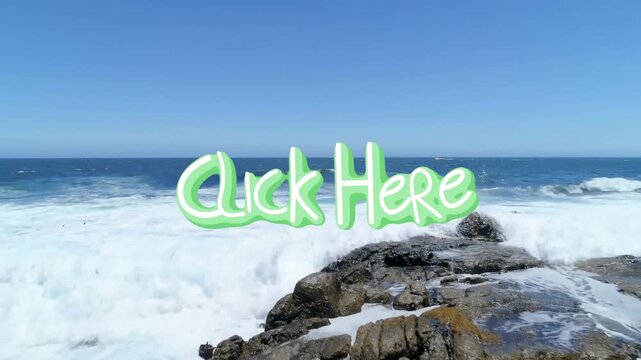 On clip start centered 3D 'Click Here' graphic cycling colors, waves rolling, drawing attention