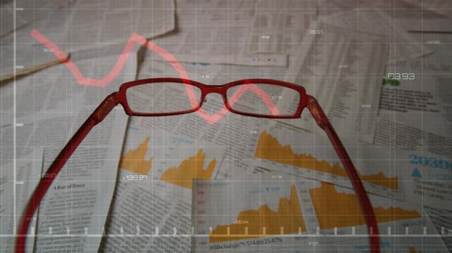Red glasses appearing over finance orange bars, red-line graph sweeping grid markers, showing data
