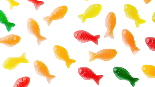 A colorful pattern of gummy fish candies on a black background on transparent background