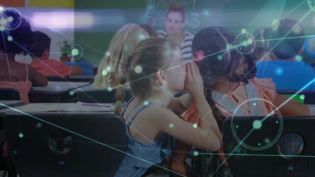 Left girl cupping hands whispering secret, network overlay drifting across faces, class refocusing