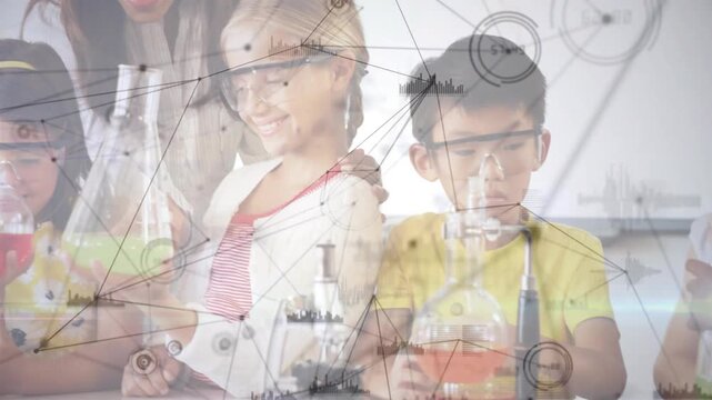 Female teacher leaning, guiding students handling flasks, pipetting as HUD overlay guiding learning
