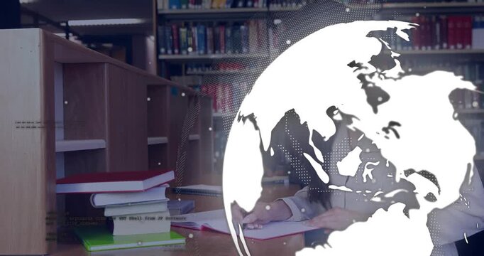 Woman writing notes at desk, animated globe drifting across partly covering her and books for study